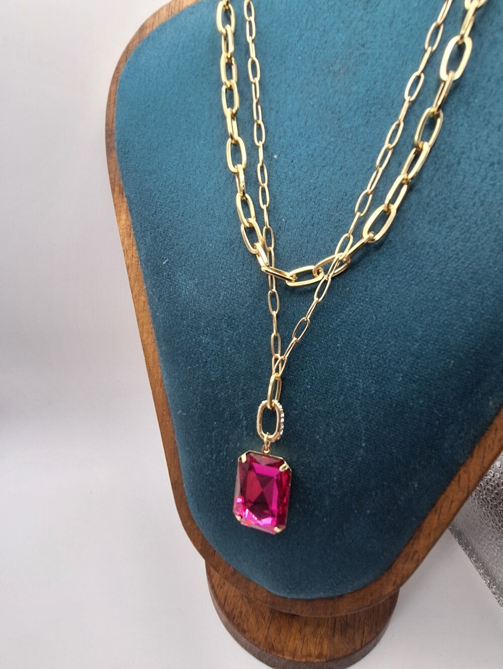 Daisy Fuentes Fuchsia Crystal Layered Gold Necklace & Stud Earrings Set - Picture 2 of 7